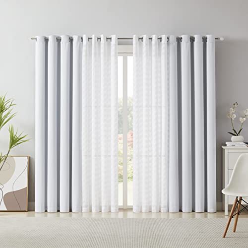 lefeng Set of 4 Curtain Panels Mix and Match GEO 100 Full Blackout Curtains & Geometric Woven Sheer for Bedroom Living Room, Thermal Insulated Energy Efficient Noise Reducing, 52 x 63 inch, White