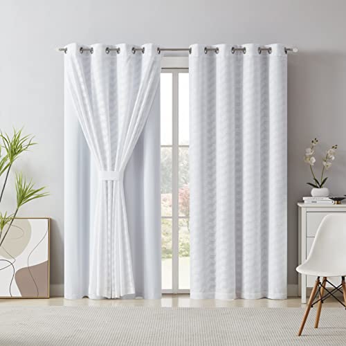 lefeng Set of 4 Curtain Panels Mix and Match GEO 100 Full Blackout Curtains & Geometric Woven Sheer for Bedroom Living Room, Thermal Insulated Energy Efficient Noise Reducing, 52 x 63 inch, White