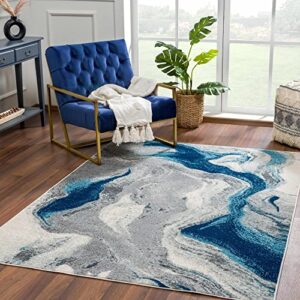hauteloom istanbul collection modern abstract living room bedroom area rug – marble swirl pattern – contemporary carpet – grey, blue, beige, navy blue – 7’10” x 10’3″
