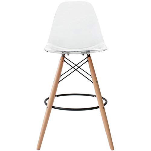 2xhome - Clear - 25" Seat Height DSW Molded Plastic Bar Stool Modern Barstool Counter Stools with Back and armless Natural Legs Wood Eiffel Legs Dowel-Leg