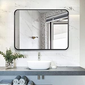 YMOND Black Large Mirror 30x40 Inch Wall Mirrors for Wall, Brushed Aluminum Frame Rounded Corner Design Bathroom Mirrors for Wall, Hangs Horizontal or Vertical