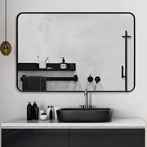 YMOND Black Large Mirror 30x40 Inch Wall Mirrors for Wall, Brushed Aluminum Frame Rounded Corner Design Bathroom Mirrors for Wall, Hangs Horizontal or Vertical