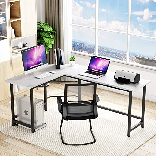 Tribesigns 66 inch Modern L Shaped Desk, Corner Computer Desk PC Laptop Gaming Table Workstation for Home Office, White Faux Marble/Black Metal Frame