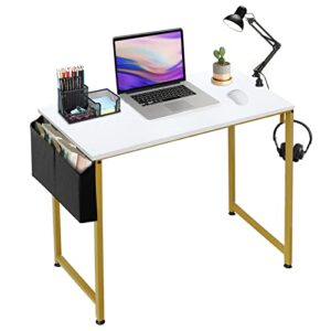 dlisiting small white computer desk – modern simple home office writing table for bedroom student teens study small spaces work, pc laptop 31 inch mini vanity desks, mesa de computadora white gold