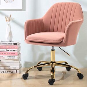 homhum desk chairs with wheels, home office chair mid-back velvet office chair adjustable cute chair with side arms and gold metal base for living room, bedroom, home office, and vanity room (pink)
