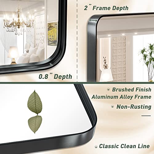 TokeShimi 48 x 30 Inch Wall Mirror Black Bathroom Vanity Mirror with Metal Frame Aluminum Alloy Soft Rounded Corner for Modern Farmhouse Wall Decor 1”Deep Set Design (Horizontal/Vertical)