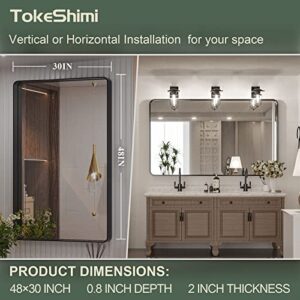 TokeShimi 48 x 30 Inch Wall Mirror Black Bathroom Vanity Mirror with Metal Frame Aluminum Alloy Soft Rounded Corner for Modern Farmhouse Wall Decor 1”Deep Set Design (Horizontal/Vertical)