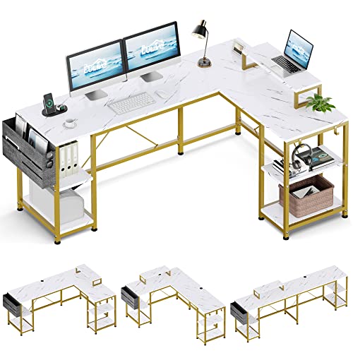 Lulive L Shaped Desk, 95" Reversible Corner Computer Desk with Shelves, Monitor Stand, Storage Bag, Hooks, 2 Person Long Desk for Home Office Writing Study Workstation (White Faux Marble)