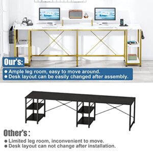 Lulive L Shaped Desk, 95" Reversible Corner Computer Desk with Shelves, Monitor Stand, Storage Bag, Hooks, 2 Person Long Desk for Home Office Writing Study Workstation (White Faux Marble)