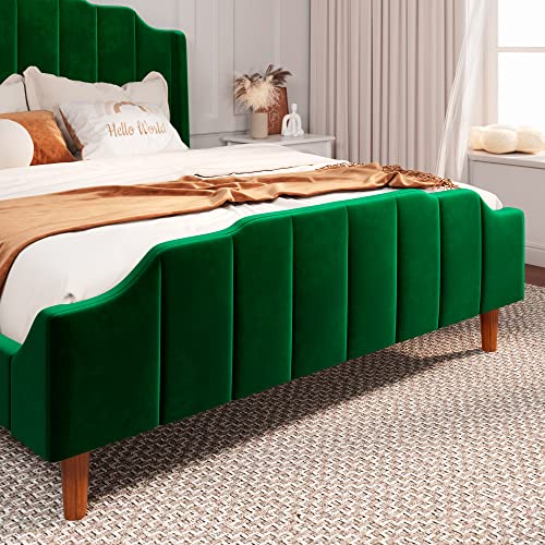 Allewie Queen Size Velvet Bed Frame Upholstered Platform Bed with Vertical Headboard and Footboard, Solid Wood Leg and Strong Slats Support, No Box Spring Needed, Easy Assembly, Green