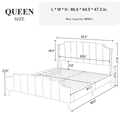 Allewie Queen Size Velvet Bed Frame Upholstered Platform Bed with Vertical Headboard and Footboard, Solid Wood Leg and Strong Slats Support, No Box Spring Needed, Easy Assembly, Green