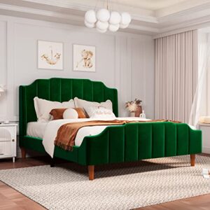 Allewie Queen Size Velvet Bed Frame Upholstered Platform Bed with Vertical Headboard and Footboard, Solid Wood Leg and Strong Slats Support, No Box Spring Needed, Easy Assembly, Green