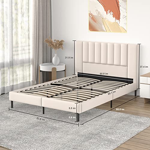 Flolinda Bed Frame Queen Size, Upholstered Bed Frame Queen Size with Tufted Velvet Headboard, Mattress Foundation, Strong Wood Slat Support Double Modern Bed Frame, No Box Spring Needed, Easy Assembly