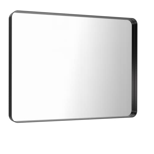 LOAAO 40X30 Inch Black Metal Framed Bathroom Mirror for Wall, Matte Black Bathroom Vanity Mirror Farmhouse, Large Rounded Rectangle Mirror, Anti-Rust, Tempered Glass, Hangs Horizontally or Vertically