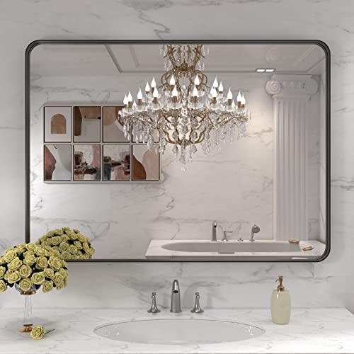 LOAAO 40X30 Inch Black Metal Framed Bathroom Mirror for Wall, Matte Black Bathroom Vanity Mirror Farmhouse, Large Rounded Rectangle Mirror, Anti-Rust, Tempered Glass, Hangs Horizontally or Vertically