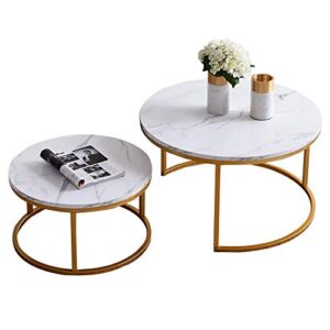 hdxdkog nesting coffee table set of 2, rustic stacking nesting side tables, modern round marble pattern wooden tables for living room bedroom apartment (gold)