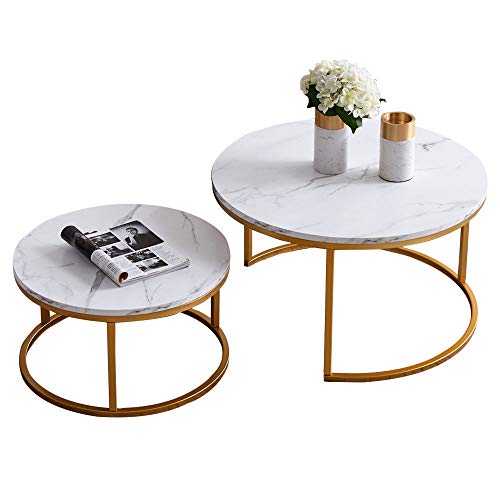 Hdxdkog Nesting Coffee Table Set of 2, Rustic Stacking Nesting Side Tables, Modern Round Marble Pattern Wooden Tables for Living Room Bedroom Apartment (Gold)