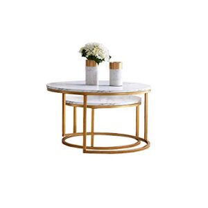 Hdxdkog Nesting Coffee Table Set of 2, Rustic Stacking Nesting Side Tables, Modern Round Marble Pattern Wooden Tables for Living Room Bedroom Apartment (Gold)