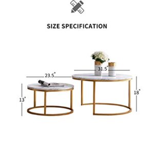 Hdxdkog Nesting Coffee Table Set of 2, Rustic Stacking Nesting Side Tables, Modern Round Marble Pattern Wooden Tables for Living Room Bedroom Apartment (Gold)