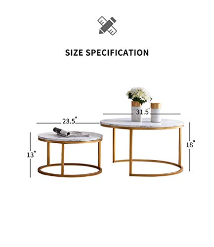 Hdxdkog Nesting Coffee Table Set of 2, Rustic Stacking Nesting Side Tables, Modern Round Marble Pattern Wooden Tables for Living Room Bedroom Apartment (Gold)