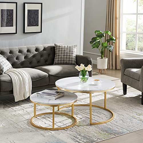 Hdxdkog Nesting Coffee Table Set of 2, Rustic Stacking Nesting Side Tables, Modern Round Marble Pattern Wooden Tables for Living Room Bedroom Apartment (Gold)