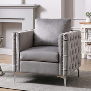 harper & bright designs modern velvet armchair, tufted button accent chair club chair with steel legs for living room bedroom, grey
