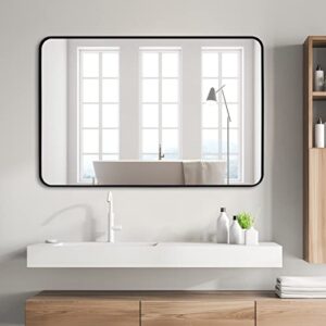 ARTWIND 40x30 Inch Bathroom Wall Mirror for Vanity, Round Corner Black Metal Frame Rectangular Mirror, Wall Mounted Large Mirror Hanging Horizontally or Vertically
