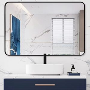 ARTWIND 40x30 Inch Bathroom Wall Mirror for Vanity, Round Corner Black Metal Frame Rectangular Mirror, Wall Mounted Large Mirror Hanging Horizontally or Vertically