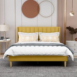 AGARTT Upholstered Platform Bed Frame Queen Size with Headboard and Footboard/Wooden Slats Support/No Box Spring Needed/Easy Assembly,Yellow Velvet