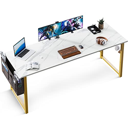 ODK 63 inch Super Large Computer Writing Desk Gaming Sturdy Home Office Desk, Work Desk with A Storage Bag and Headphone Hook, White Marble + Gold Leg