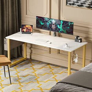 ODK 63 inch Super Large Computer Writing Desk Gaming Sturdy Home Office Desk, Work Desk with A Storage Bag and Headphone Hook, White Marble + Gold Leg