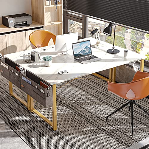 ODK 63 inch Super Large Computer Writing Desk Gaming Sturdy Home Office Desk, Work Desk with A Storage Bag and Headphone Hook, White Marble + Gold Leg