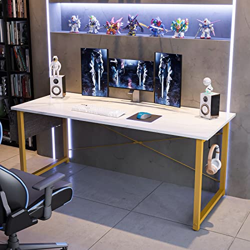 ODK 63 inch Super Large Computer Writing Desk Gaming Sturdy Home Office Desk, Work Desk with A Storage Bag and Headphone Hook, White Marble + Gold Leg