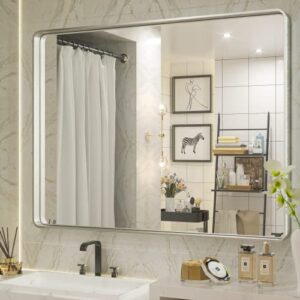 tetote 40×30 inch bathroom mirror, silver framed wall mounted brushed nickel metal rectangle modern vanity mirror (horizontal/vertical)