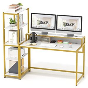 Teraves Computer Desk with 5 Tier Shelves,Reversible Writing Desk with Storage 49 Inch Study Table for Home Office Independent Bookcase and Desk for Multiple Scenes (Desk+Shelves, White+Gold Frame)