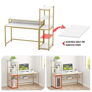 Teraves Computer Desk with 5 Tier Shelves,Reversible Writing Desk with Storage 49 Inch Study Table for Home Office Independent Bookcase and Desk for Multiple Scenes (Desk+Shelves, White+Gold Frame)