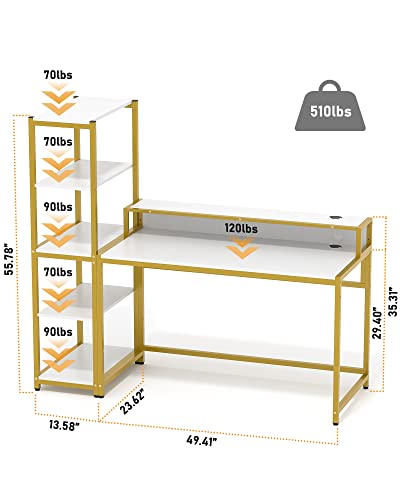 Teraves Computer Desk with 5 Tier Shelves,Reversible Writing Desk with Storage 49 Inch Study Table for Home Office Independent Bookcase and Desk for Multiple Scenes (Desk+Shelves, White+Gold Frame)