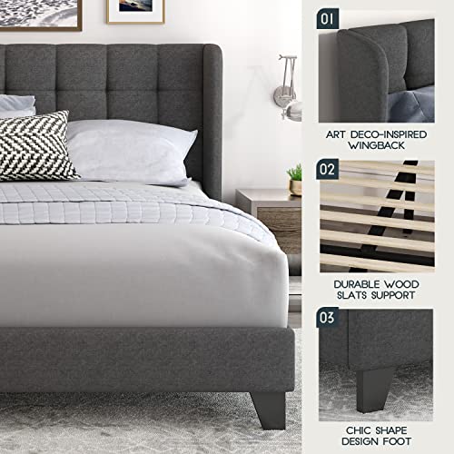 Einfach Full Upholstered Wingback Platform Bed Frame with Headboard/Mattress Foundation with Wood Slat Support and Square Stitched Headboard/No Box Spring Needed/Easy Assembly, Dark Grey