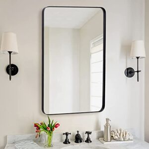 andy star wall mirror for bathroom, 24×36 inch black bathroom mirror, stainless steel metal frame with rounded corner, rectangle glass panel wall mounted mirror decorative for bathroom