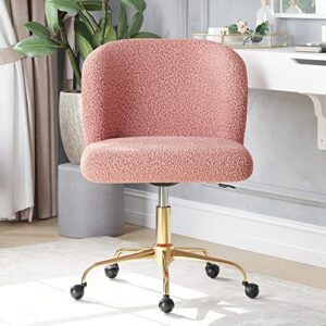 belleze modern upholstered boucle desk chair with swivel wheels and adjustable height, decorative rolling office or vanity, stylish comfy – aston (gold – pink)