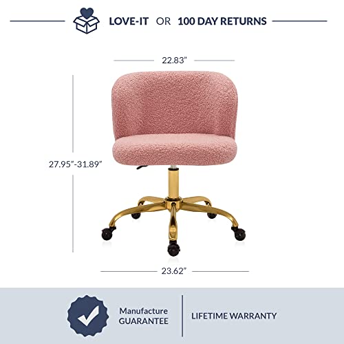 BELLEZE Modern Upholstered Boucle Desk Chair with Swivel Wheels and Adjustable Height, Decorative Rolling Office or Vanity, Stylish Comfy - Aston (Gold - Pink)