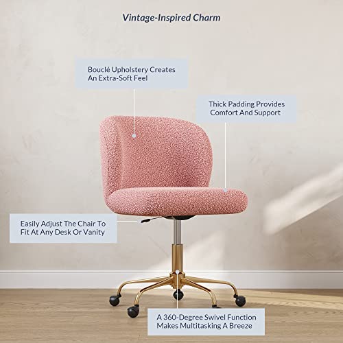 BELLEZE Modern Upholstered Boucle Desk Chair with Swivel Wheels and Adjustable Height, Decorative Rolling Office or Vanity, Stylish Comfy - Aston (Gold - Pink)