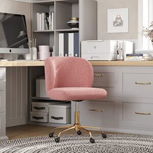 BELLEZE Modern Upholstered Boucle Desk Chair with Swivel Wheels and Adjustable Height, Decorative Rolling Office or Vanity, Stylish Comfy - Aston (Gold - Pink)