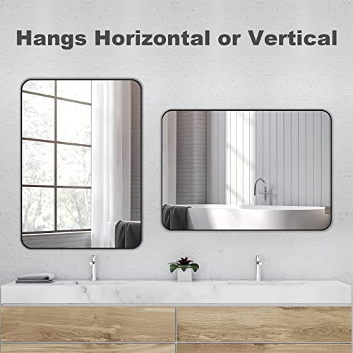 Amorho Black Frame Mirror for Wall, 22x 30 Rounded Corner Rectangle Mirror, Matte Black Bathroom Mirror, Metal Vanity Mirror, Tempered Glass Shatter-Proof Mirror (Horizontal/Vertical)