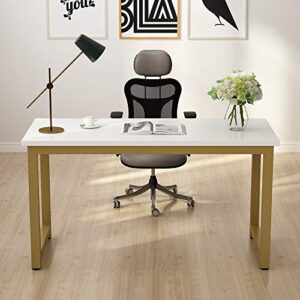 tribesigns modern computer desk, 55 inches large office desk computer table study writing desk for home office, white gold metal frame