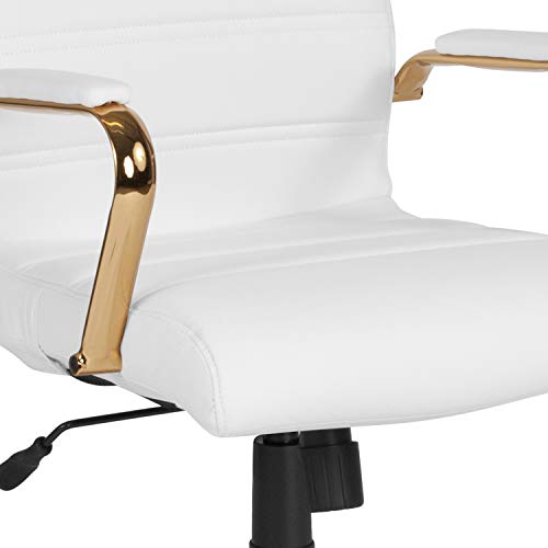 EMMA + OLIVER High Back White LeatherSoft Executive Swivel Office Chair with Gold Frame/Arms