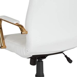 EMMA + OLIVER High Back White LeatherSoft Executive Swivel Office Chair with Gold Frame/Arms