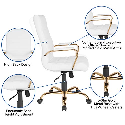 EMMA + OLIVER High Back White LeatherSoft Executive Swivel Office Chair with Gold Frame/Arms