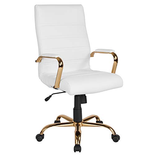 EMMA + OLIVER High Back White LeatherSoft Executive Swivel Office Chair with Gold Frame/Arms