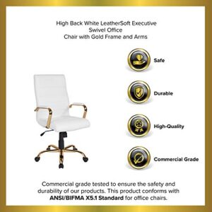 EMMA + OLIVER High Back White LeatherSoft Executive Swivel Office Chair with Gold Frame/Arms